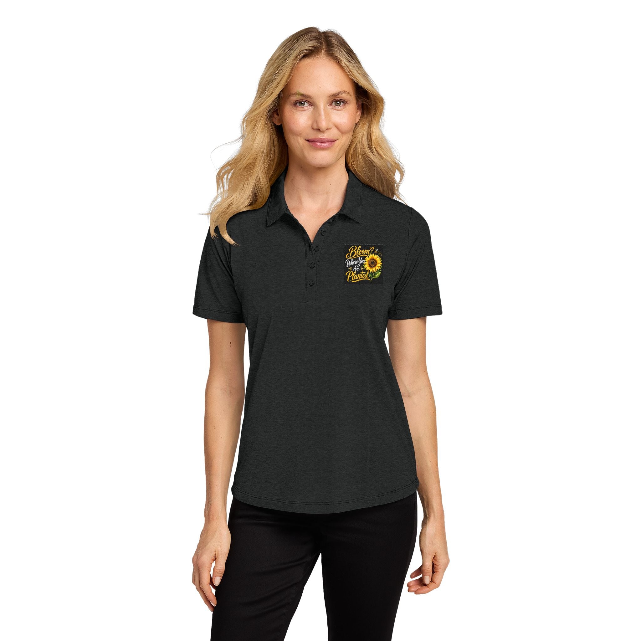 Ladies Sunflower Pocket Polo — Floral "Choose Joy" Embroidered Shirt
