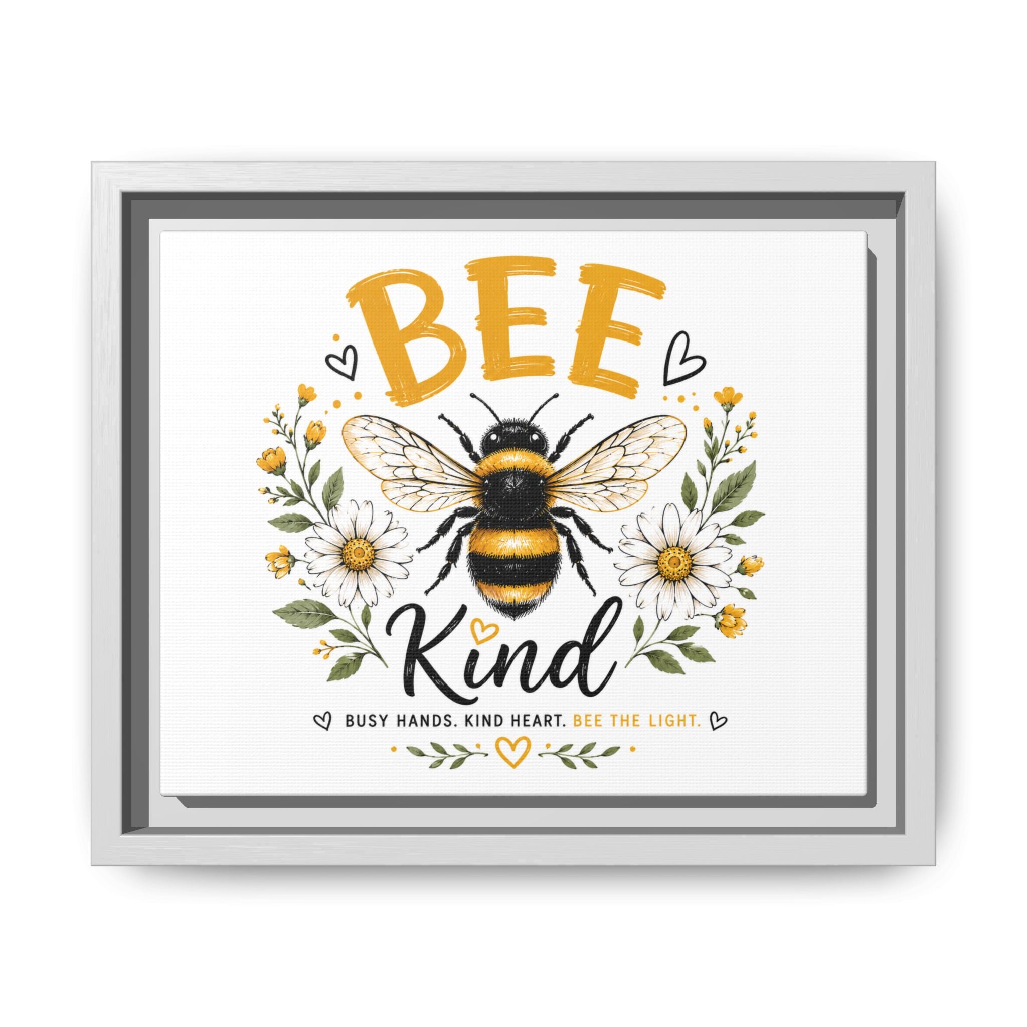 Bee Kind Framed Canvas Art — Floral Bumblebee Wall Decor