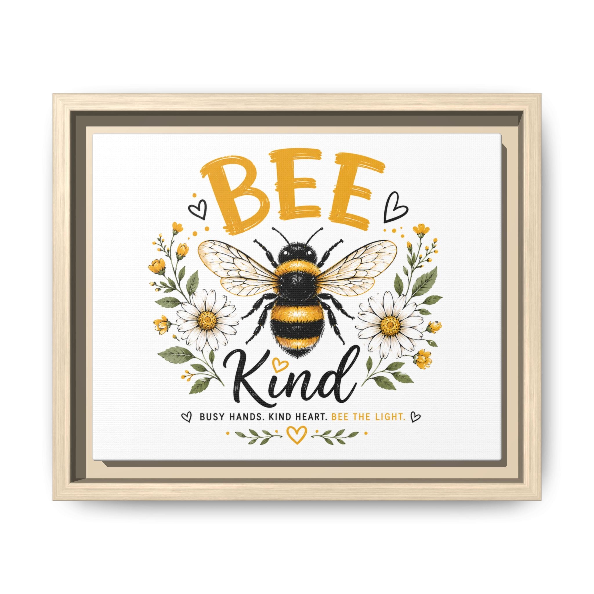 Bee Kind Framed Canvas Art — Floral Bumblebee Wall Decor