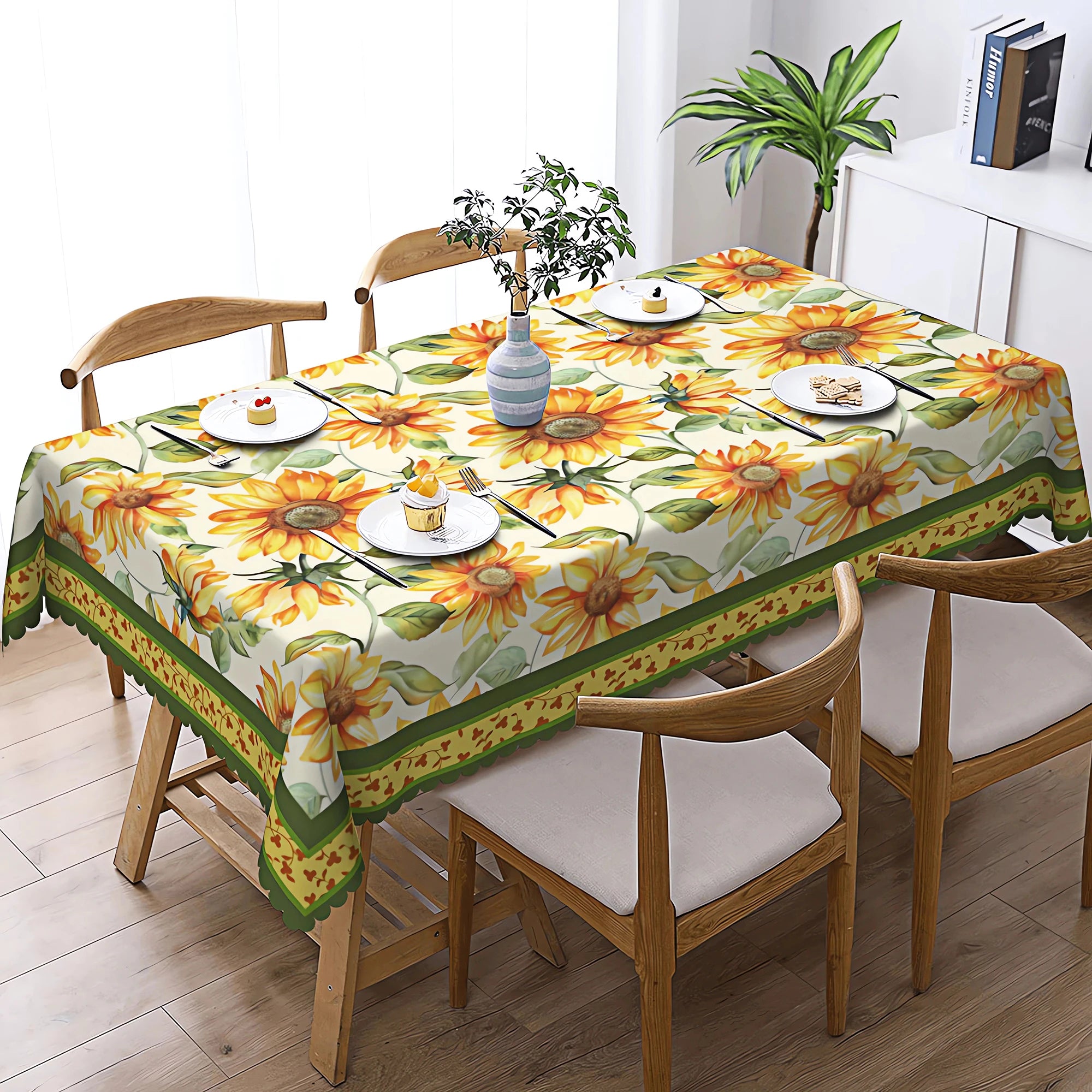 1 Piece of Spring/Summer Sunflower Round Tablecloth, Available in Various Sizes, Bright Printed Round Tablecloth with Watercolor Sunflowers and Green Leaves, Embossed Edge Craftsmanship, Fresh and Vibrant Style, Spring/Summer