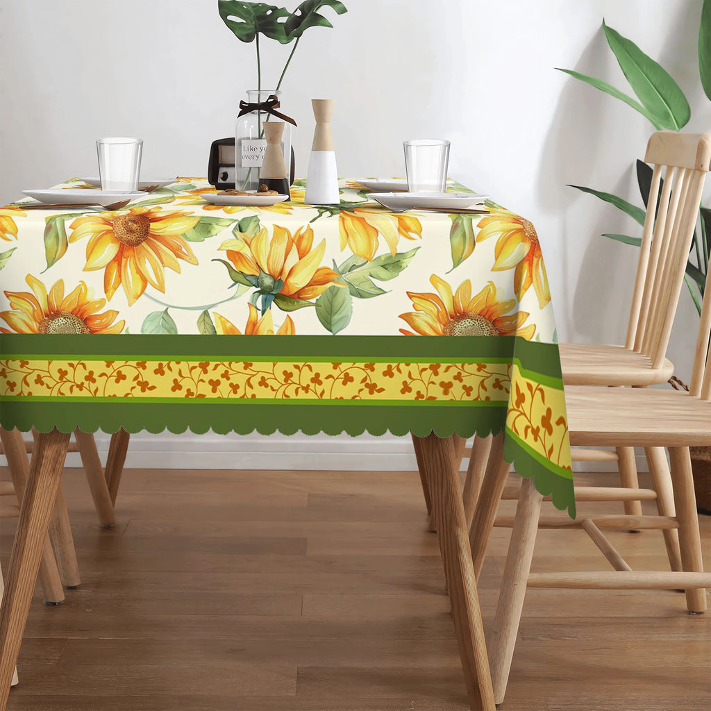 1 Piece of Spring/Summer Sunflower Round Tablecloth, Available in Various Sizes, Bright Printed Round Tablecloth with Watercolor Sunflowers and Green Leaves, Embossed Edge Craftsmanship, Fresh and Vibrant Style, Spring/Summer