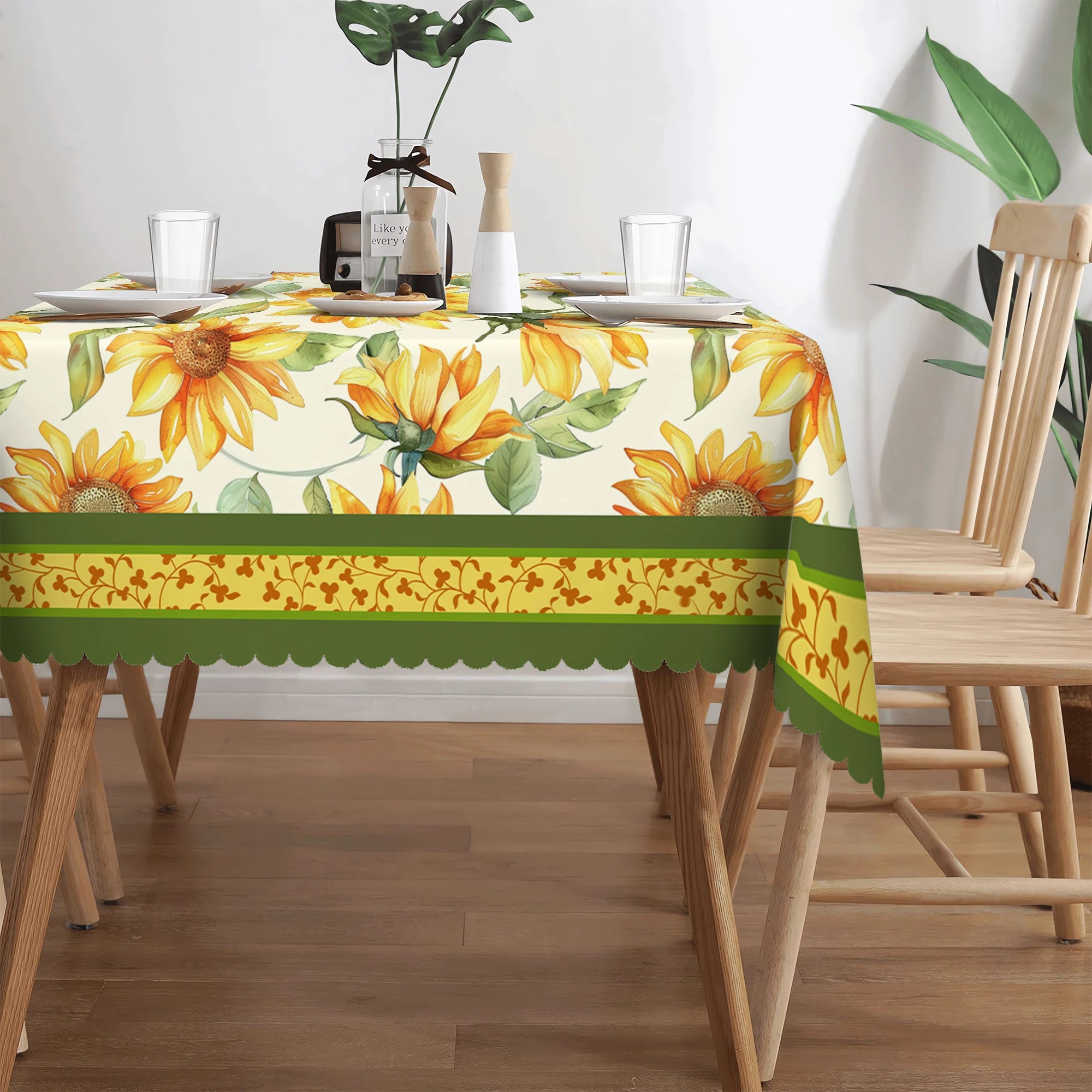 1 Piece of Spring/Summer Sunflower Round Tablecloth, Available in Various Sizes, Bright Printed Round Tablecloth with Watercolor Sunflowers and Green Leaves, Embossed Edge Craftsmanship, Fresh and Vibrant Style, Spring/Summer