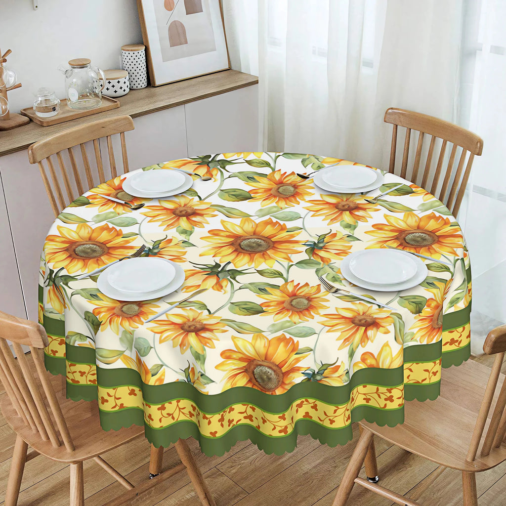 1 Piece of Spring/Summer Sunflower Round Tablecloth, Available in Various Sizes, Bright Printed Round Tablecloth with Watercolor Sunflowers and Green Leaves, Embossed Edge Craftsmanship, Fresh and Vibrant Style, Spring/Summer
