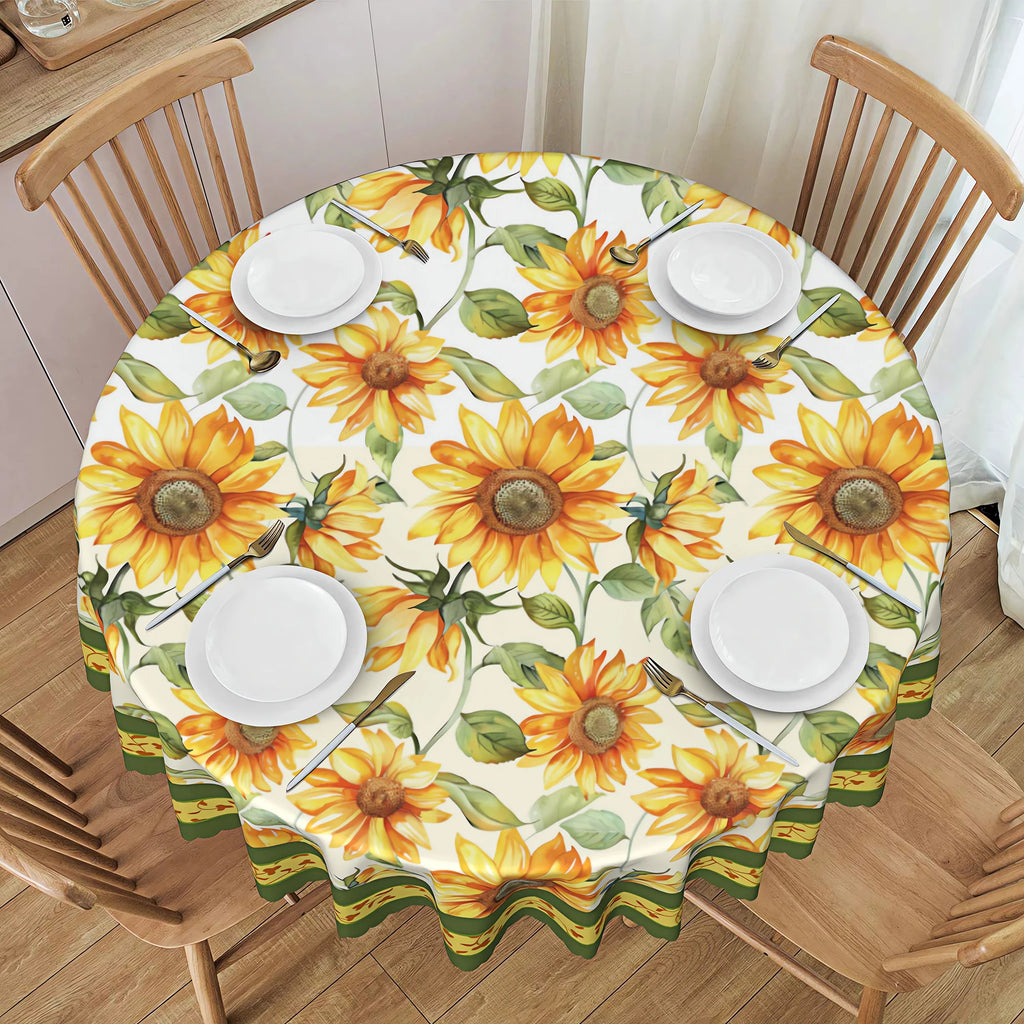 1 Piece of Spring/Summer Sunflower Round Tablecloth, Available in Various Sizes, Bright Printed Round Tablecloth with Watercolor Sunflowers and Green Leaves, Embossed Edge Craftsmanship, Fresh and Vibrant Style, Spring/Summer