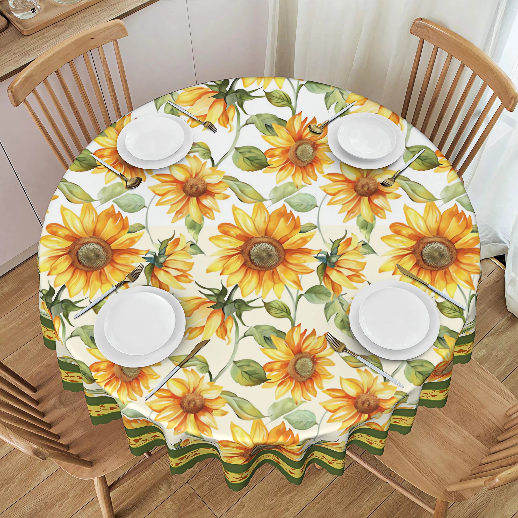 1 Piece of Spring/Summer Sunflower Round Tablecloth, Available in Various Sizes, Bright Printed Round Tablecloth with Watercolor Sunflowers and Green Leaves, Embossed Edge Craftsmanship, Fresh and Vibrant Style, Spring/Summer