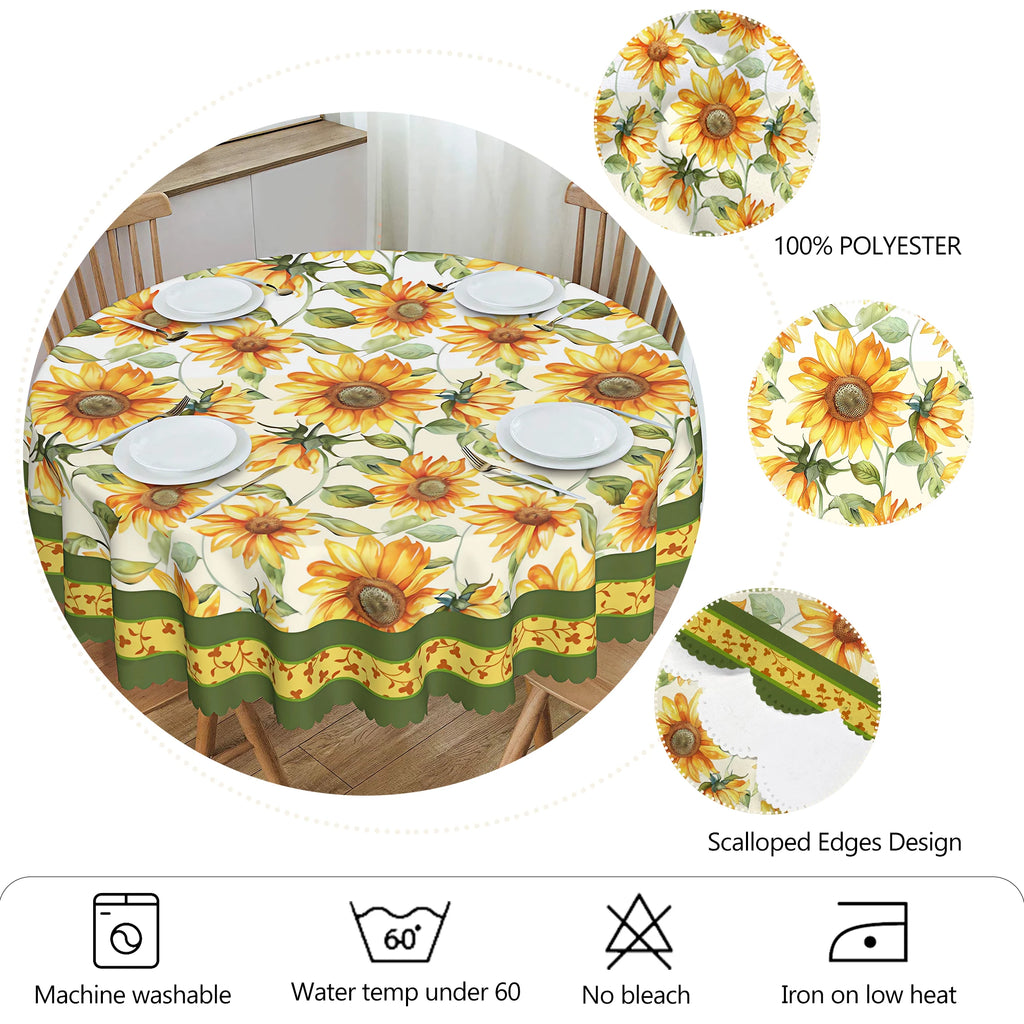 1 Piece of Spring/Summer Sunflower Round Tablecloth, Available in Various Sizes, Bright Printed Round Tablecloth with Watercolor Sunflowers and Green Leaves, Embossed Edge Craftsmanship, Fresh and Vibrant Style, Spring/Summer