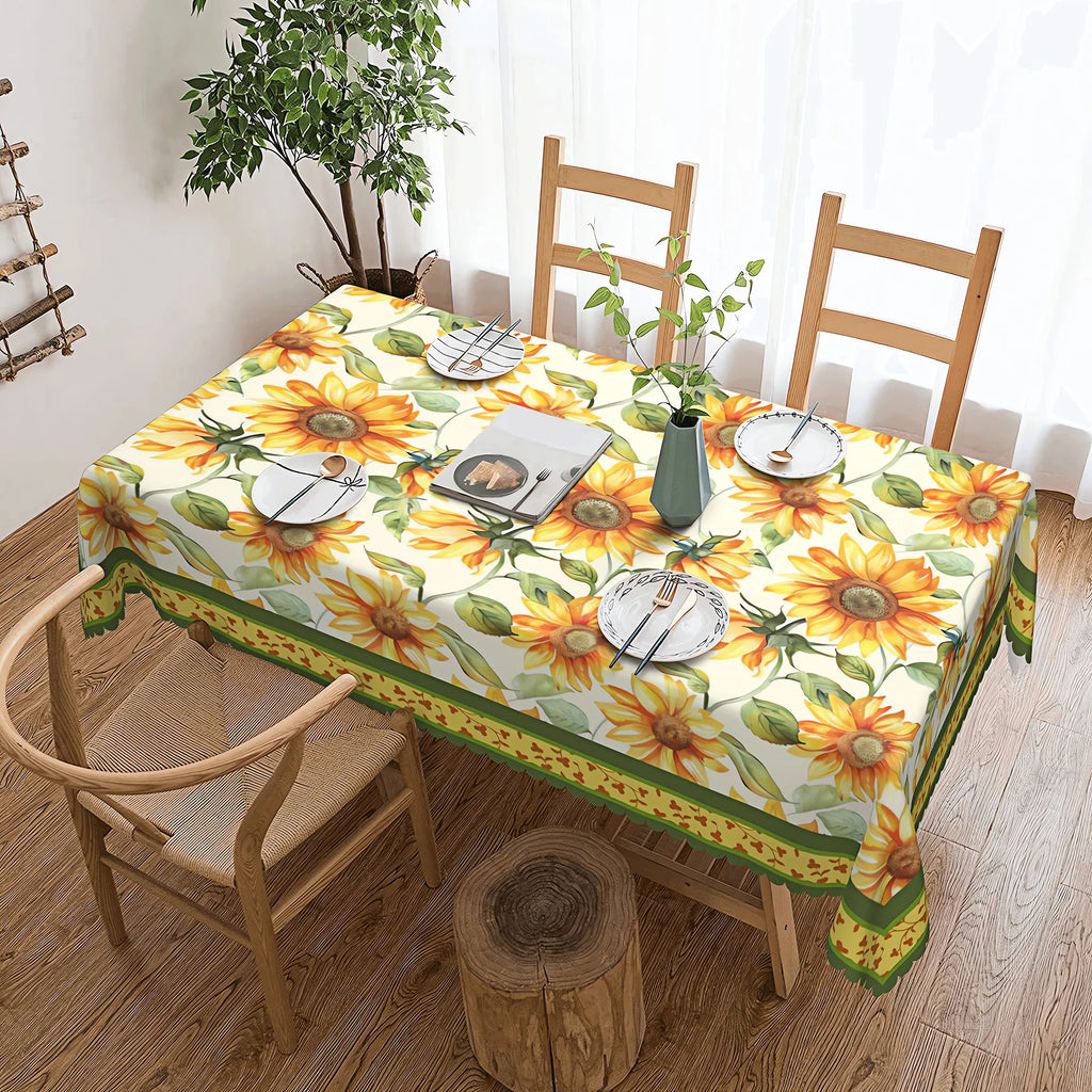 1 Piece of Spring/Summer Sunflower Round Tablecloth, Available in Various Sizes, Bright Printed Round Tablecloth with Watercolor Sunflowers and Green Leaves, Embossed Edge Craftsmanship, Fresh and Vibrant Style, Spring/Summer