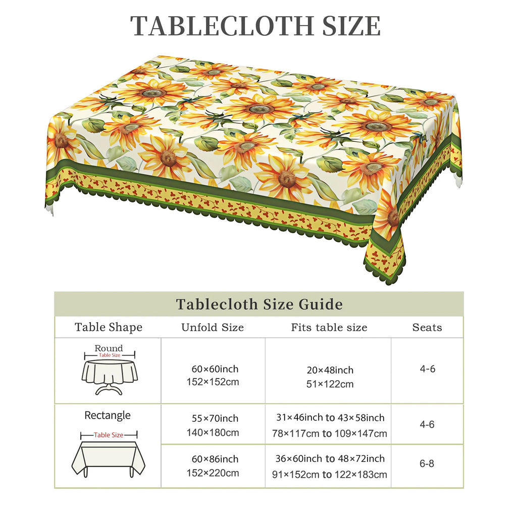 1 Piece of Spring/Summer Sunflower Round Tablecloth, Available in Various Sizes, Bright Printed Round Tablecloth with Watercolor Sunflowers and Green Leaves, Embossed Edge Craftsmanship, Fresh and Vibrant Style, Spring/Summer