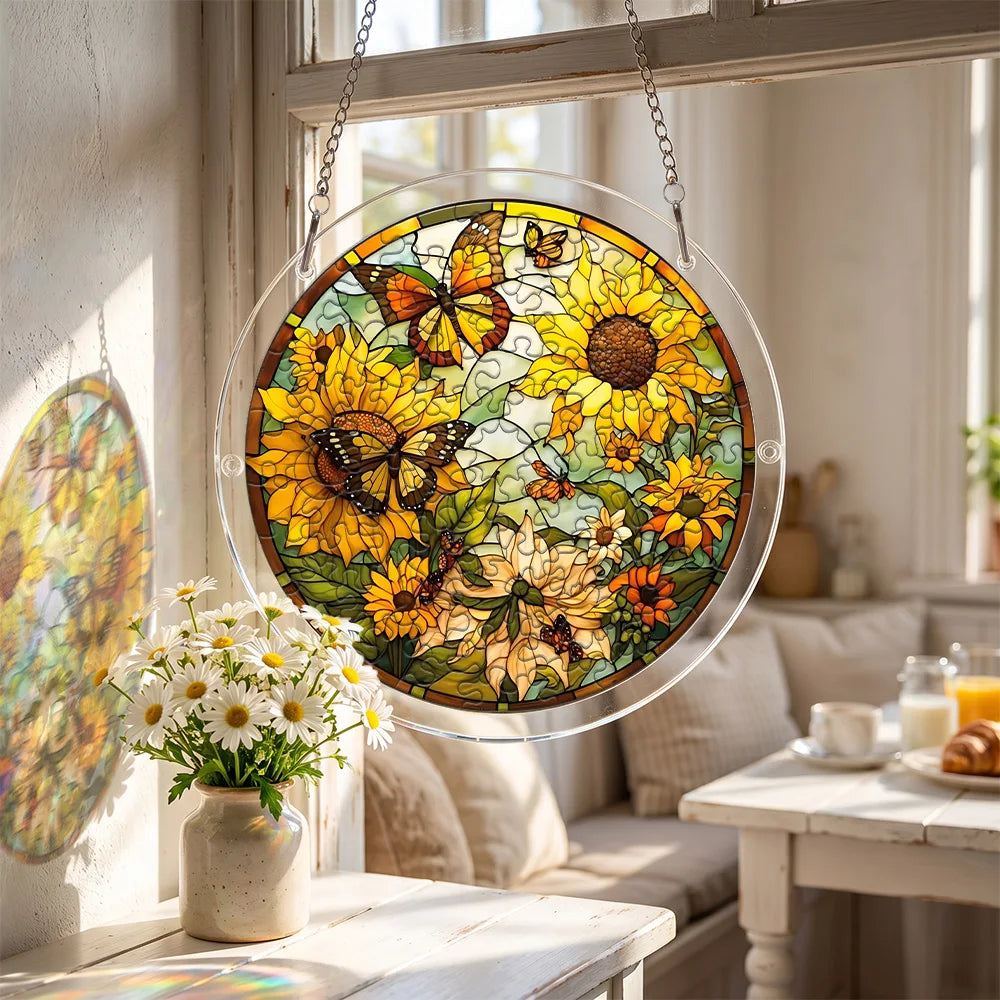 Sunflower Butterfly Acrylic Puzzle Suncatcher Stained Glass Style Window Hanging Ornament for Home Garden Decor Birthday Gift