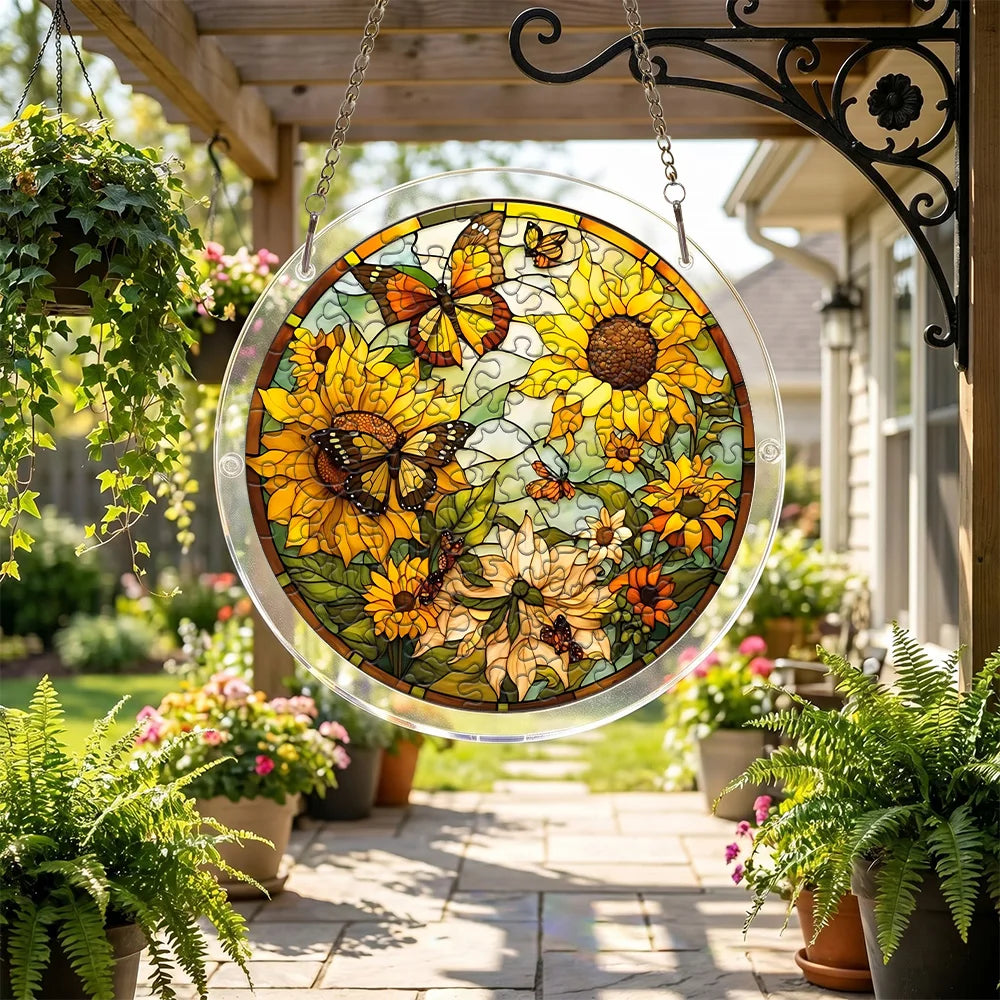 Sunflower Butterfly Acrylic Puzzle Suncatcher Stained Glass Style Window Hanging Ornament for Home Garden Decor Birthday Gift
